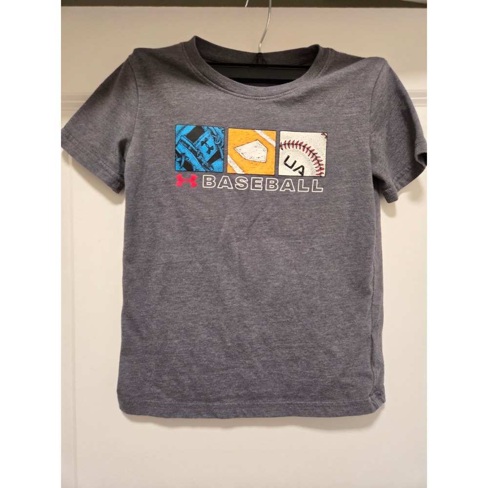 Under Armour Boys Baseball Graphic Tee Heather Gray Short Sleeve Shirt Size 5